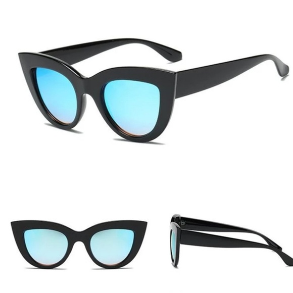 Black Cat Eye Sunglasses Blue Mirrored Lenses - Picture 2 of 8